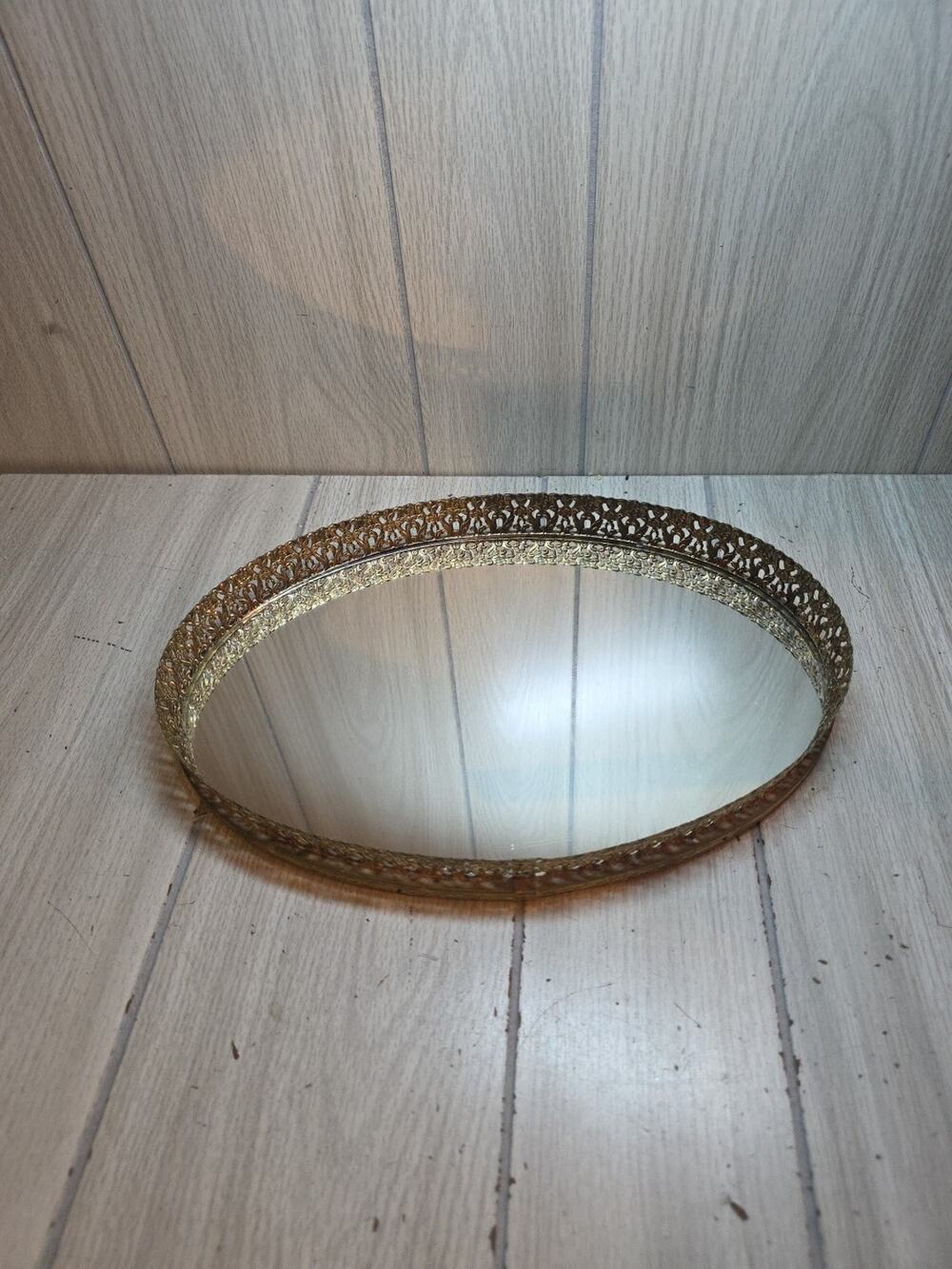 Vintage Gold Filigree Oval Mirrored Vanity Tray 1960's Ornate Victorian
